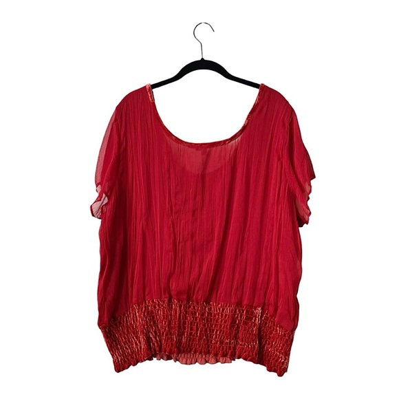 Seven7 Top Women's Size 18/20 Red Chiffon Velvet Trim Smocked Short Sleeve Boho - Picture 4 of 5